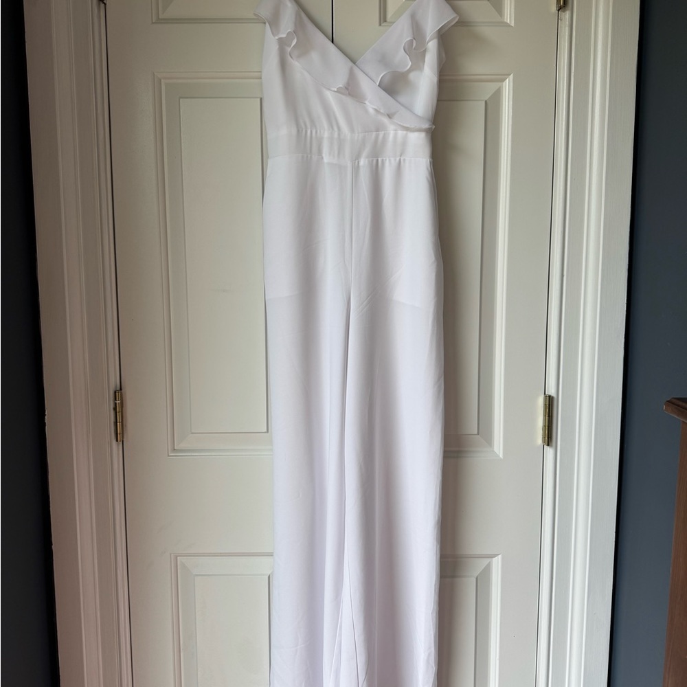 bebe White Ruffled Jumpsuit